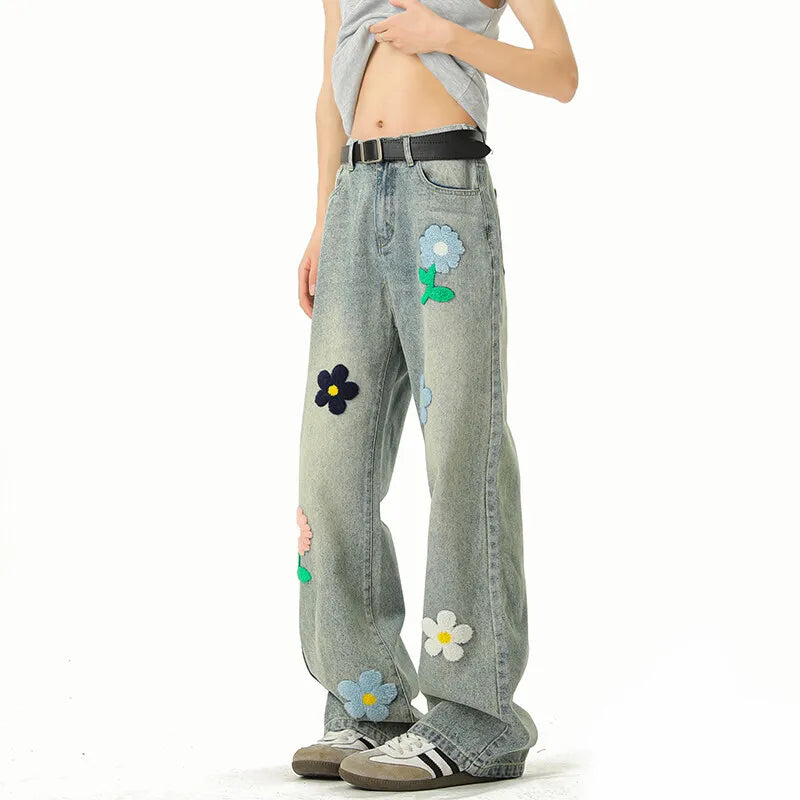 Riolio Blue Jeans Men Fashion Casual Straight Jeans Streetwear Hip-hop Loose Flower Jeans Mens Vintage Denim Pants Man Trousers