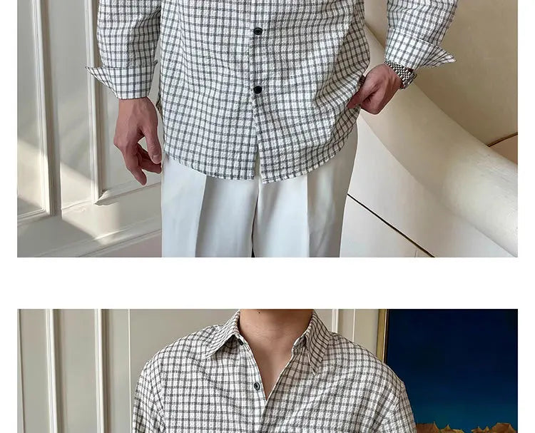 Riolio  New American Retro Men Shirts Light Luxury Textured Lapel Plaid Long Sleeve Cardigan Leisure Trendy Premium Check Blouse M-2XL