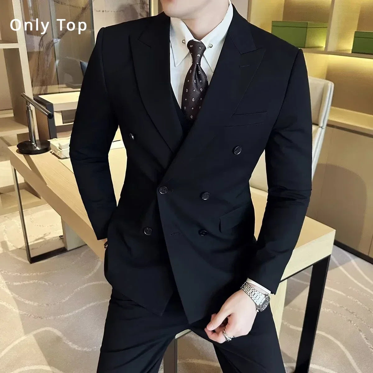 Riolio British Style Trendy Men's Blazer Black Double Breasted Slim Fit Suit Jacket Formal Business Office Groom Wedding Dress S-5XL