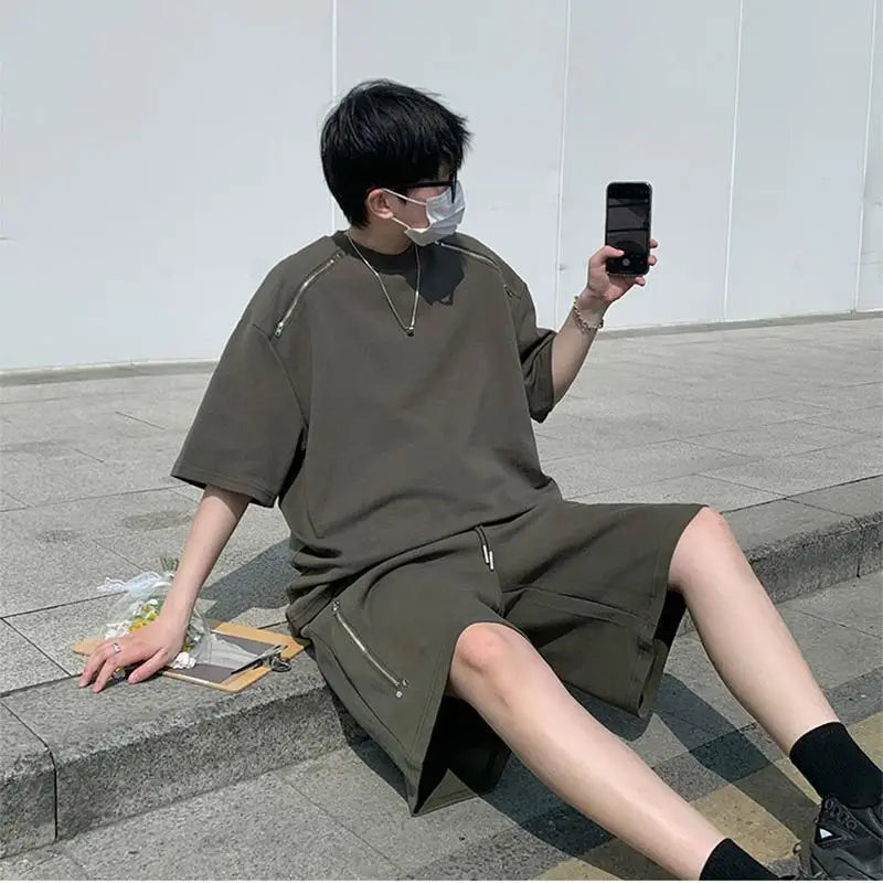 Riolio American Heavy Double Zipper Sports Suit Men's Summer Trendy Design Handsome Short-sleeved Shorts Casual Two-piece Set Urban