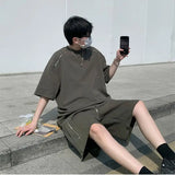 Riolio American Heavy Double Zipper Sports Suit Men's Summer Trendy Design Handsome Short-sleeved Shorts Casual Two-piece Set Urban