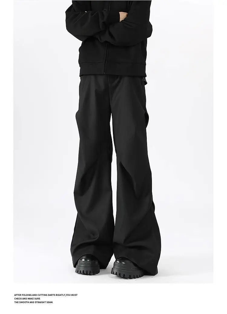Riolio American High Street Pleated Pants Floor Mopping Micro Trumpet Black Trousers Luxury Sense Clean Fit Casual Curved Knife Pants