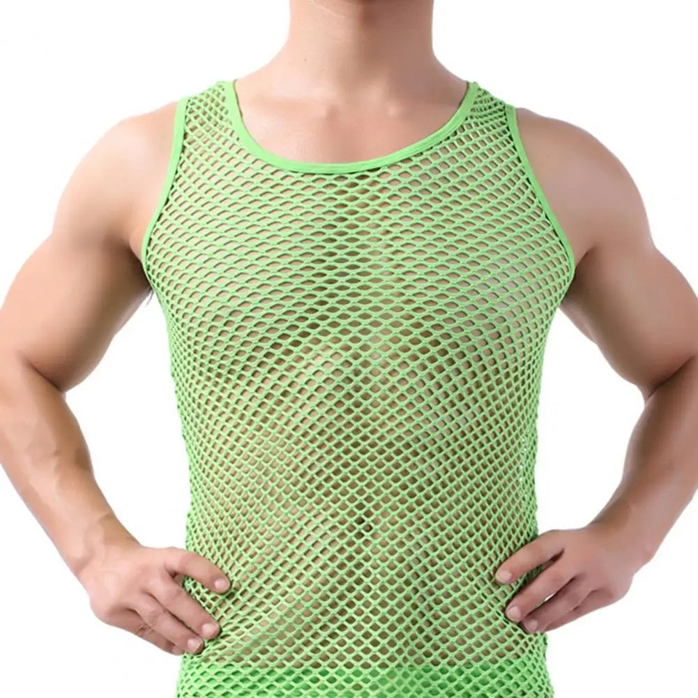 Riolio Men Sexy Mesh Tank Tops Transparent Sleep Tops Male Underwear Pure Color Vest Sleeveless Tops Underwear Male Undershirt