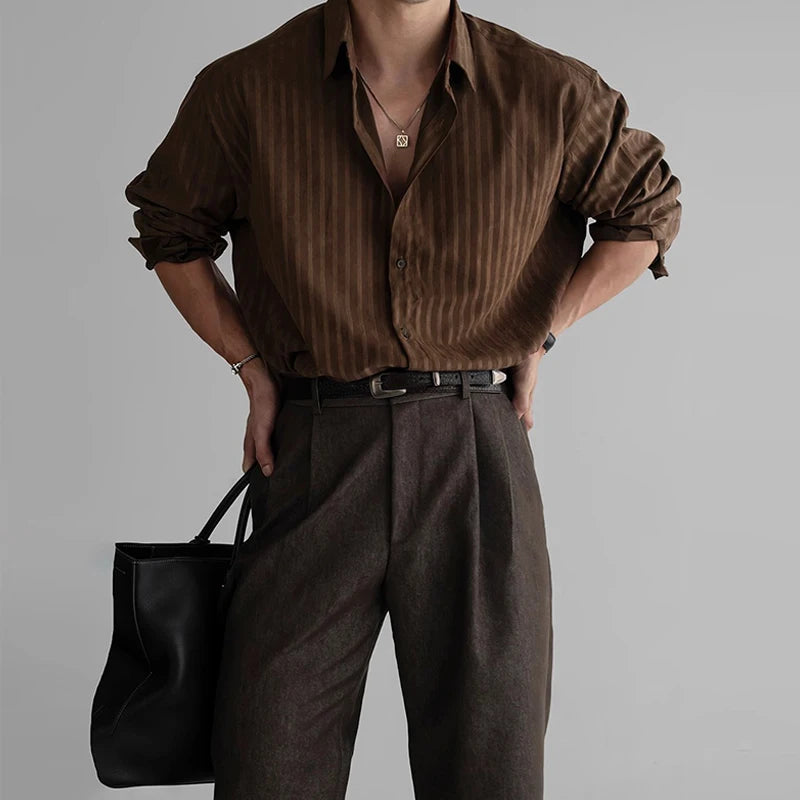 Riolio New Korean Fashion Men Shirts Light Luxury Textured Business Striped Long Sleeve Cardigan Tops Leisure High Quality Blouse M-2XL