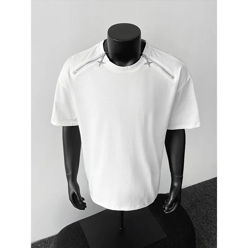 Riolio Breathable Mens Round Neck T-Shirt man Zip Detail Trendy Design New Urban Streetwear Casual Summer Tee Comfort Fit Stylish Soft