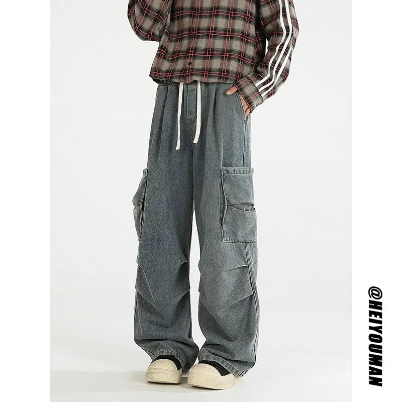 Riolio Loose straight Jeans Men Denim Cargo Pants Wash Solid Color Multi Pockets Casual Mid Waist Trousers Unisex Daily Wear Joggers