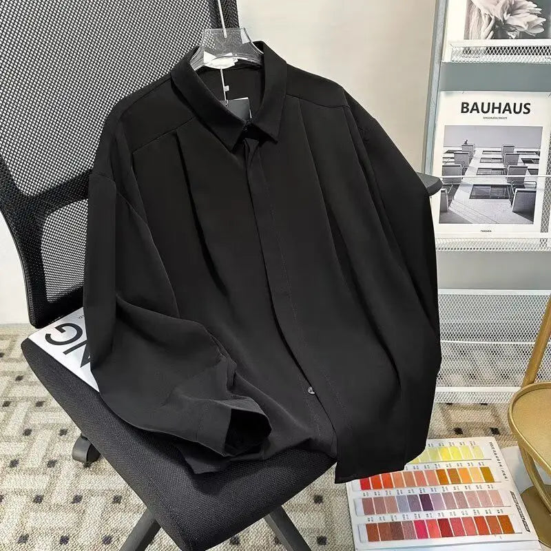 Riolio Korean High-end Long-sleeved Shirt Men's Solid Color High-end Droop Top Spring and Autumn Loose Handsome Shirt Chic Streetwear