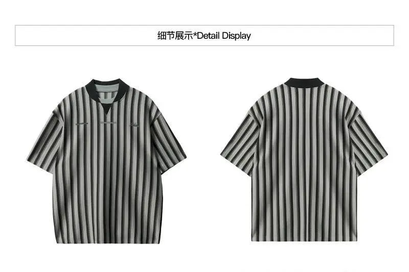 Riolio Preppy Retro Shirt Double-paired V-neck Striped Short-sleeved T-shirt Loose Casual Embroidered Letter Printed Shirt