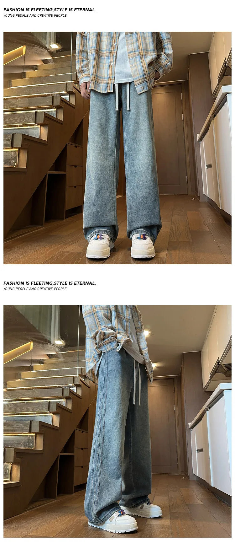 Riolio Jeans Men Denim Pants Elastic waist pull rope Straight Droop Vintage Loose Bottom Straight Wide Leg Casual Male Trouser