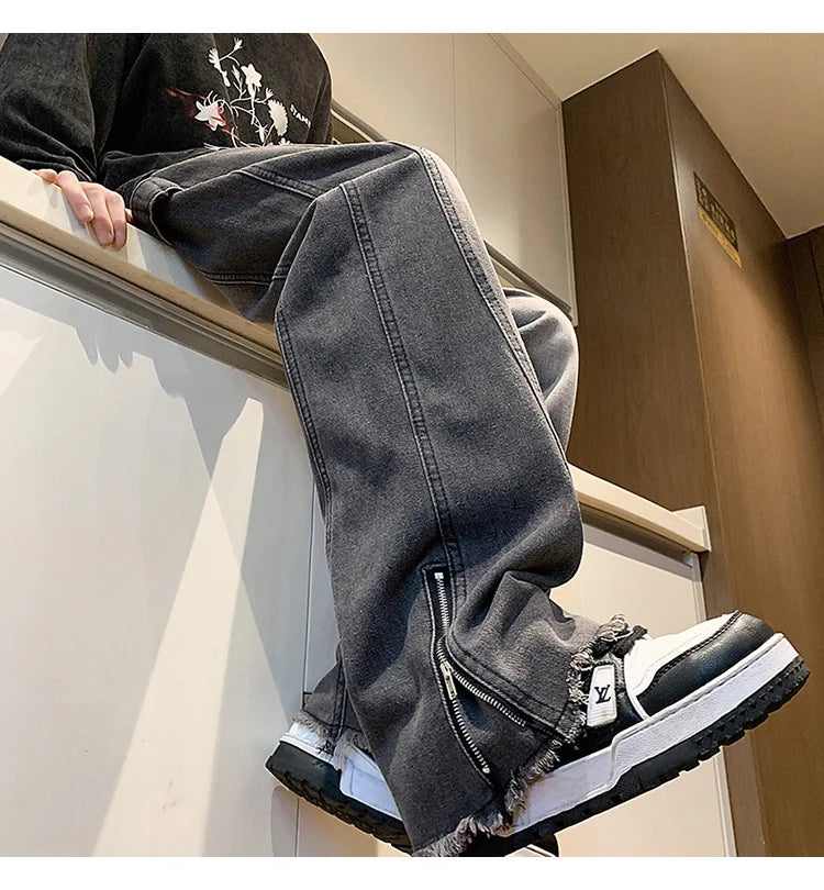 Riolio Men's jeans fashion Side Zipper Pants New Fashion men streetwear Jeans Loose Straight Denim Pant Mens  jeans homme hip hop