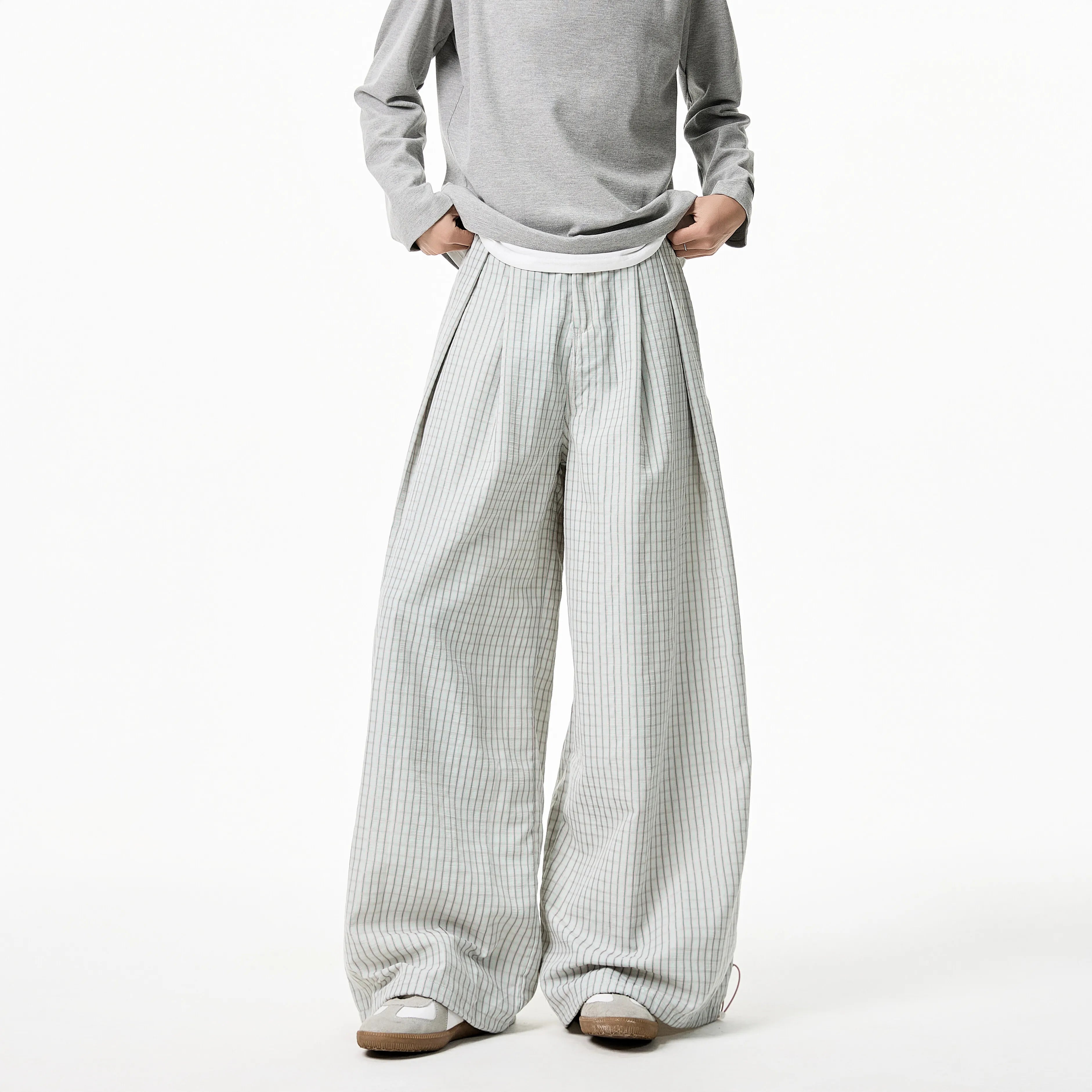 Riolio Summer Loose Wide Leg Striped Trousers Unisex High Street Fashion Trendy Casual Wear Oversize Streetwear Long Pants Lightweight