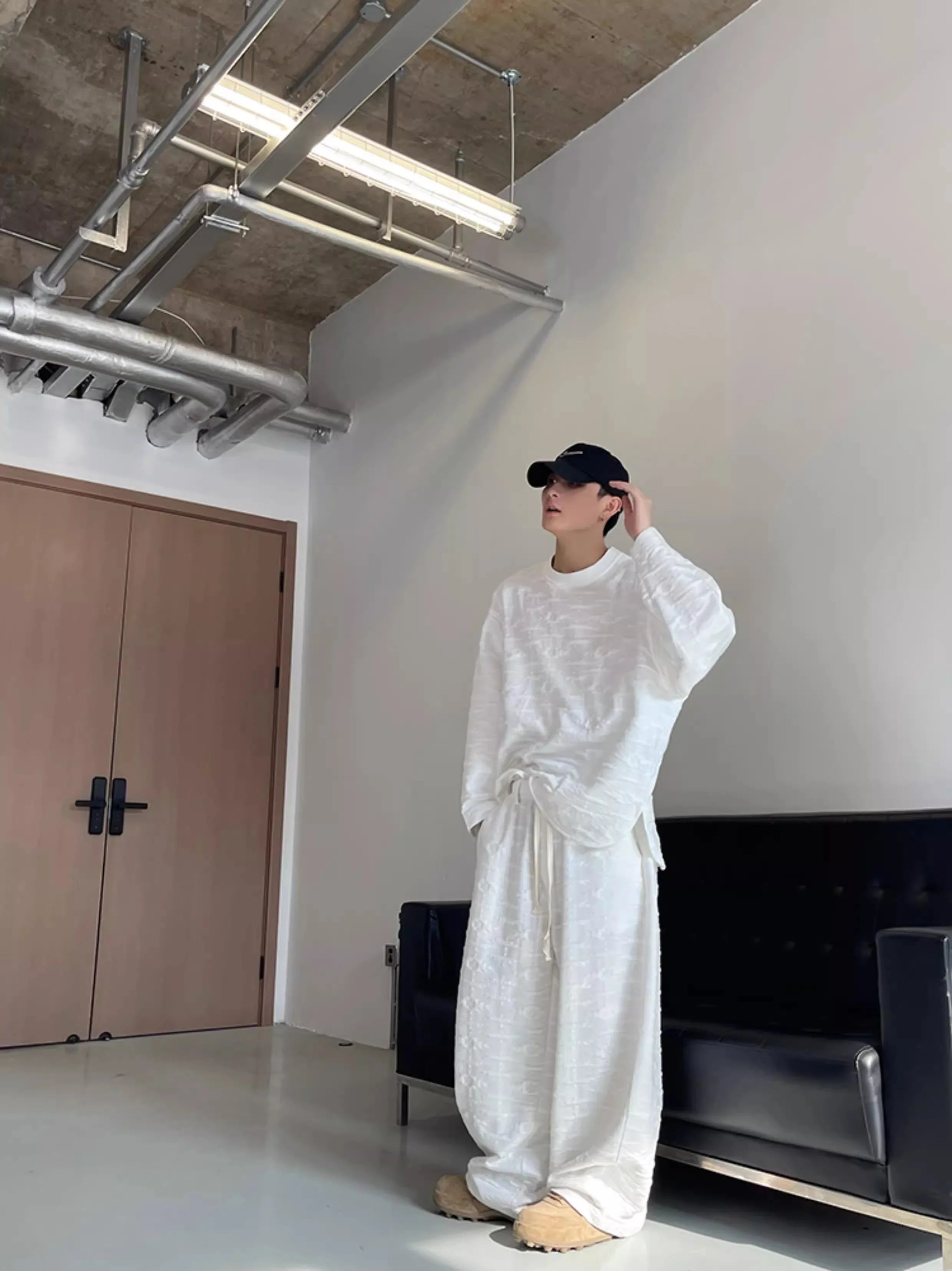 Riolio Kpop Tracksuit Retro Loose Three-dimensional Set Ethnic Jacquard Milk White Sports Suit American Casual High-end Wear