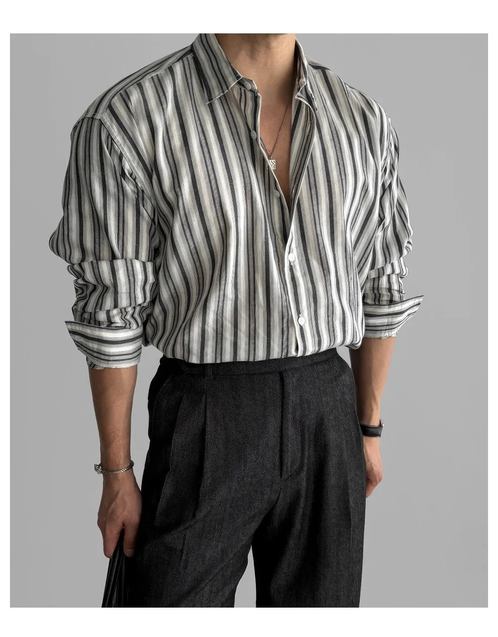 Riolio New Naples Business Men Shirts Light Luxury Textured Lapel Striped Long Sleeve Cardigan Leisure Premium Commuter Blouse M-2XL