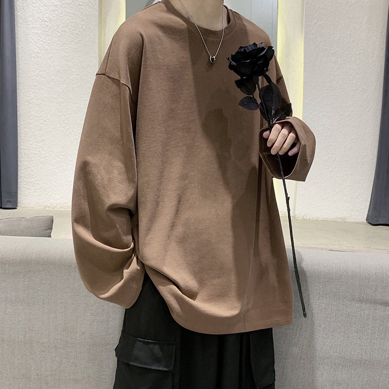 Riolio Loose Sweatshirts Men Solid T Shirt Neutral Streetwear Fashion Women Korean Clothes Cotton Pullover Long Sleeve T-shirts Man