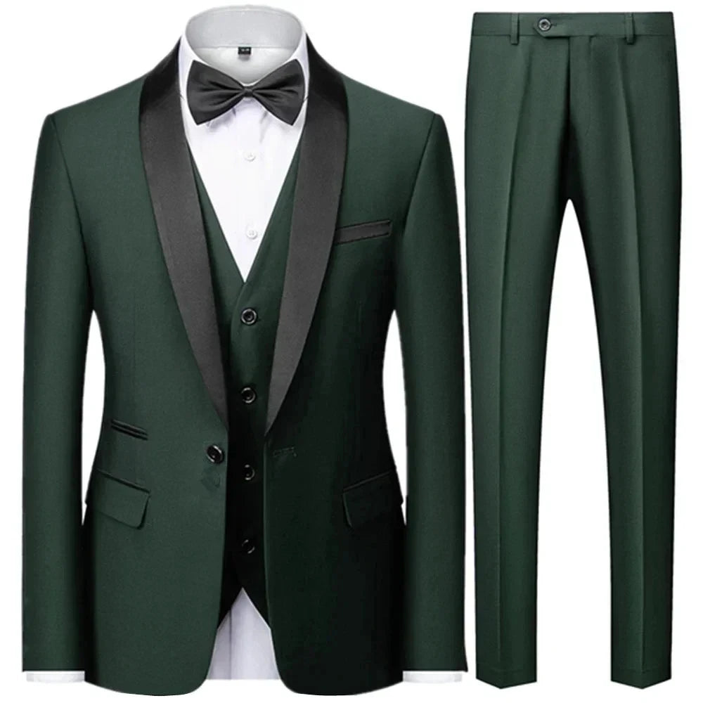 Riolio 3 Pieces Set Men's Business Blazers Coat / Male Slim Fit Color Matching Collar Suit Tuxedo Leisure Jacket Pants Vest Wedding