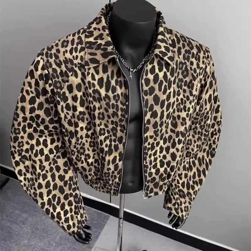 Riolio American Retro Leopard Print Jacket Men's Korean Style Style High-end Handsome Short Jacket Trendy High Street Style Denim Top