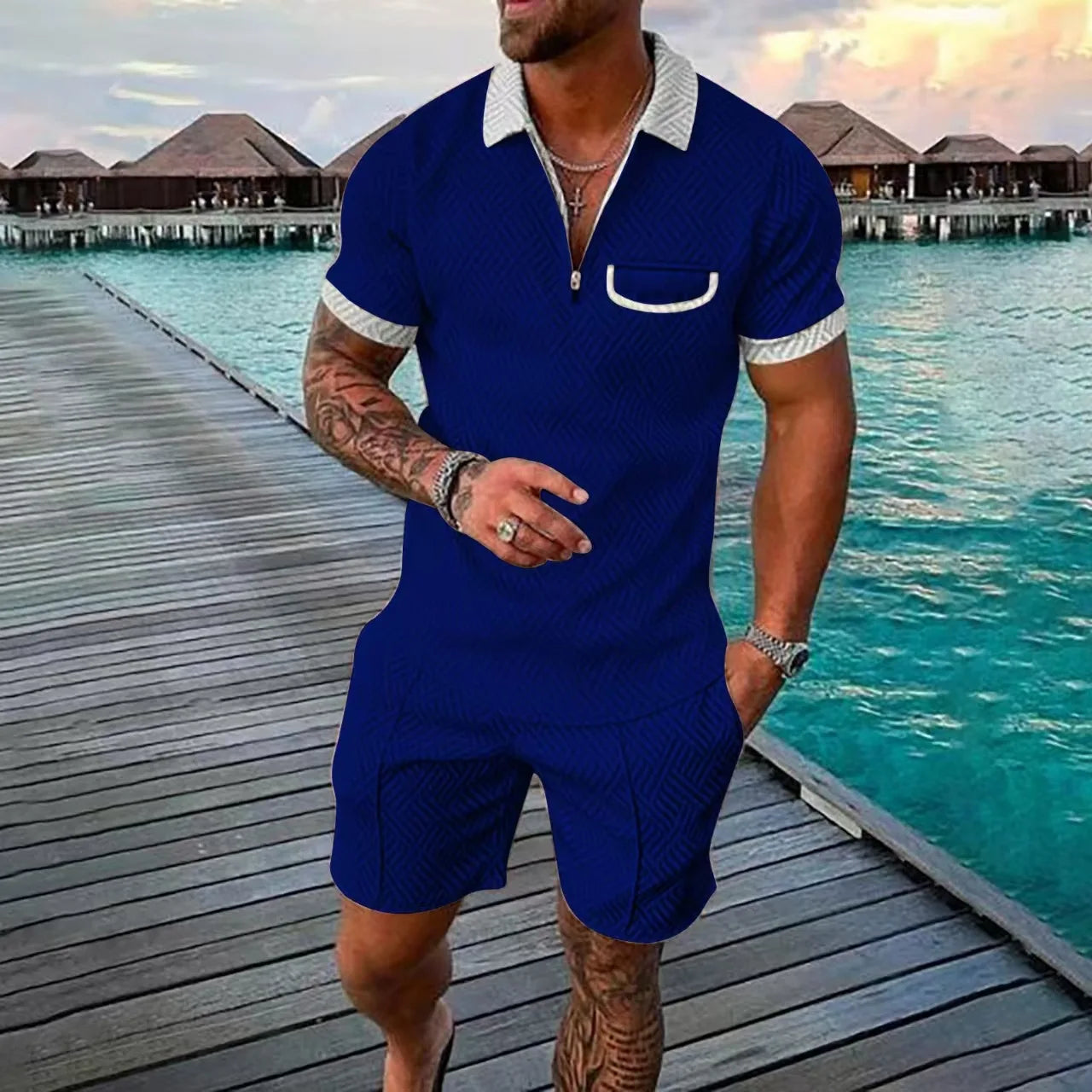 Riolio new summer Hawaiian Beach men's fashion lapel casual suit 3D digital print pullover zip-up short-sleeved men's shorts
