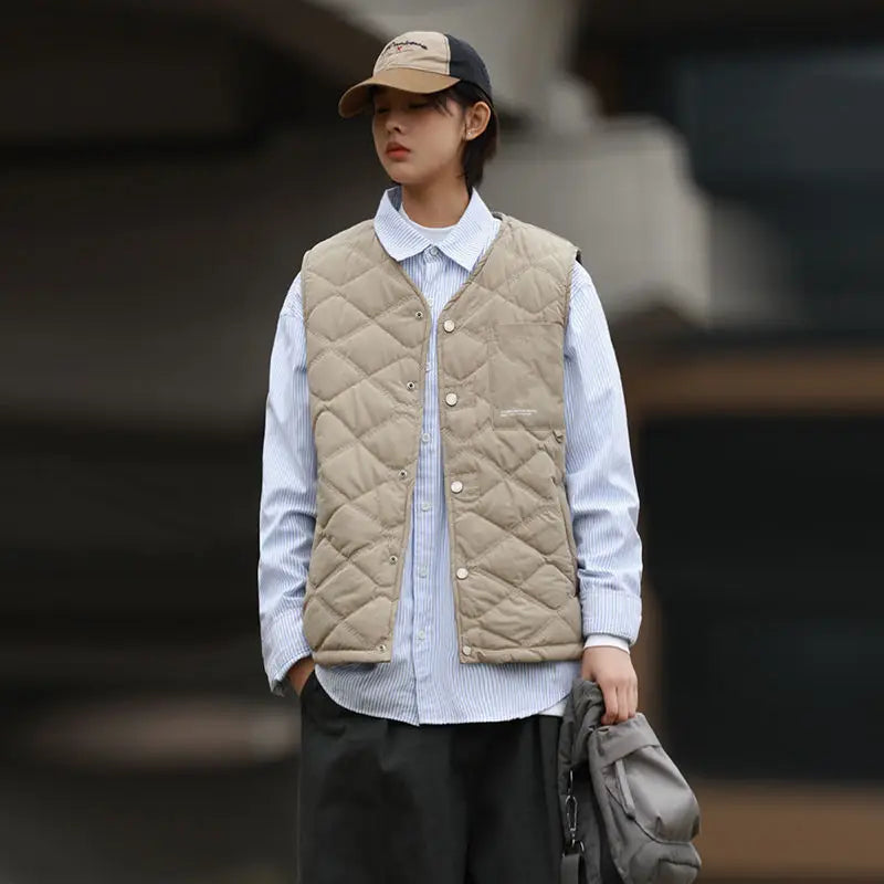Riolio Cotton-layered Fashionable Vest Men with Autumn Winter Simple Casual Light Heated Inner Vest Cardigan Work Vest Top Aesthetic