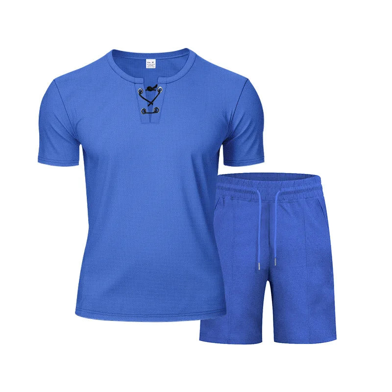 Riolio 2025 Summer Simplicity Men's Suit Loose Walf Checks Fabric Breathable Comfort and Casual Short Sleeve Shorts Two-Piece Suit