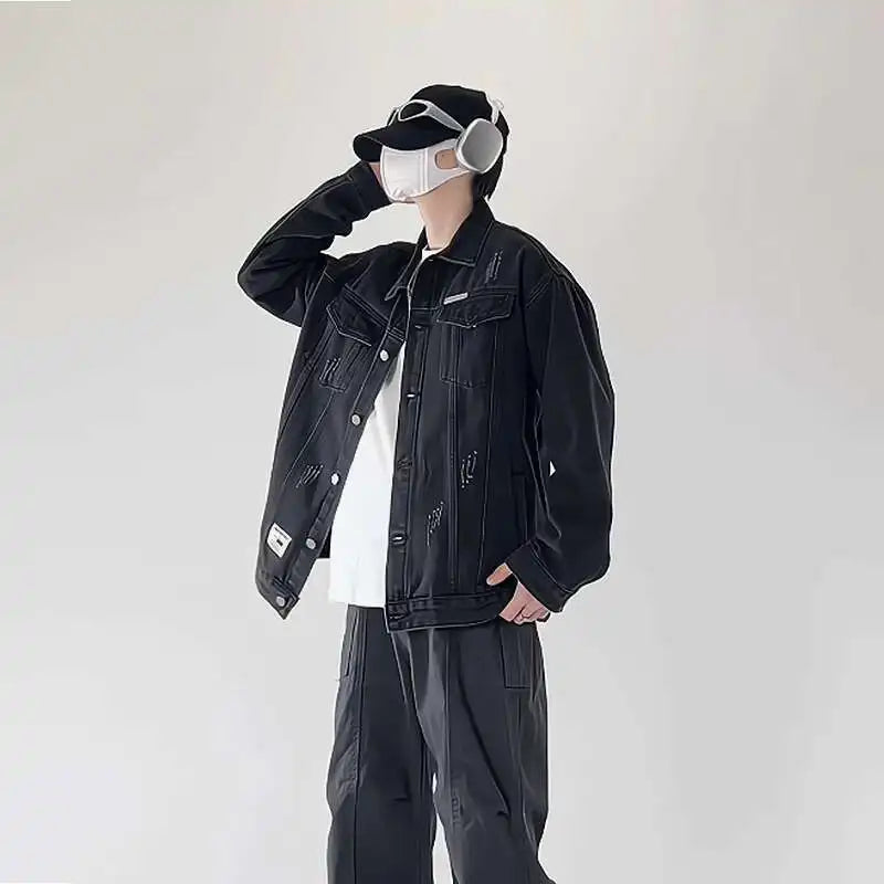 Riolio Blue Black Denim Jacket Men Fashion Retro Pocket Denim Jacket Men Streetwear Hip-hop Loose Bomber Jacket Mens Vintage Jackets