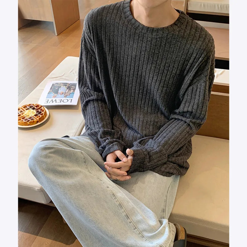 Riolio Autumn Long Sleeved T-shirt Men Oversized Fashion Casual Striped T Shirt Men Streetwear Korean Loose Round Neck Tshirt Mens Top