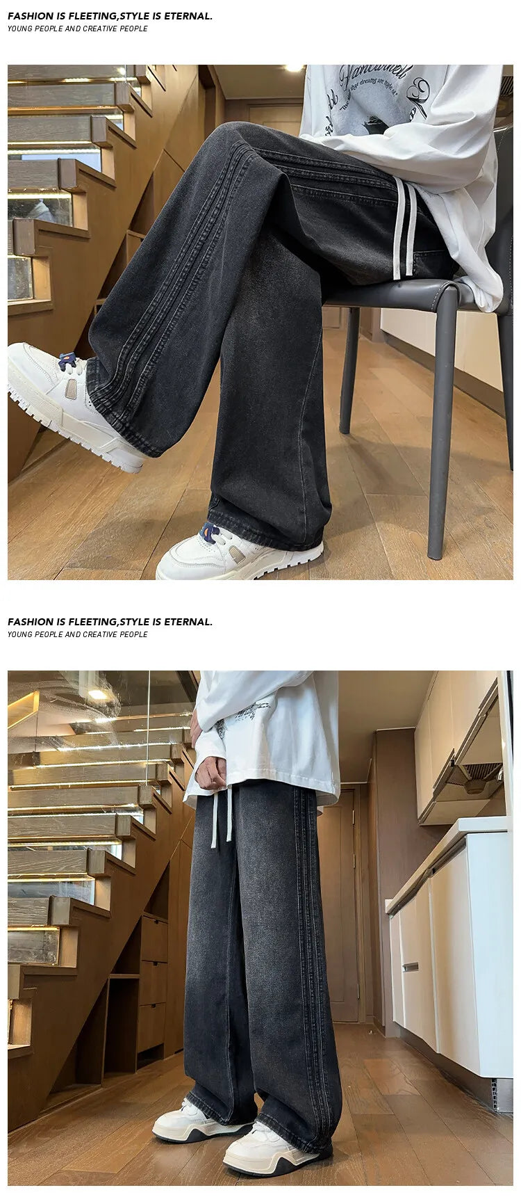Riolio Jeans Men Denim Pants Elastic waist pull rope Straight Droop Vintage Loose Bottom Straight Wide Leg Casual Male Trouser