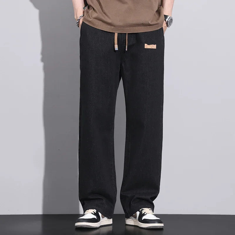 Riolio Men Dark Blue Blue Stretch Elastic Waist Denim Pants Streetwear Loose Full Length Trousers Straight Wide Leg Drawstring Jeans