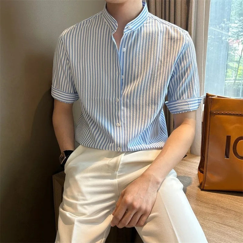 Riolio New Fashion Striped Stand Collar Men Shirts Luxury Casual Textured Half Sleeve Cardigan Tops Summer Business Slim-fit Blouse