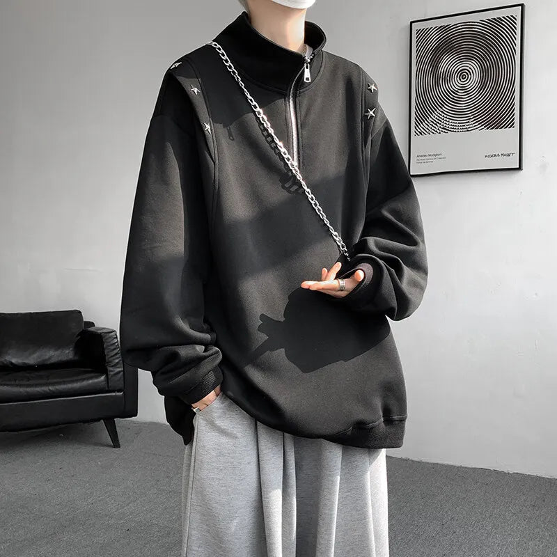 Riolio Men hoodie  Stand Collar Half Zip Sweatshirt Star Shoulder Design New Fashion Casual Streetwear Comfort Athletic Pullover