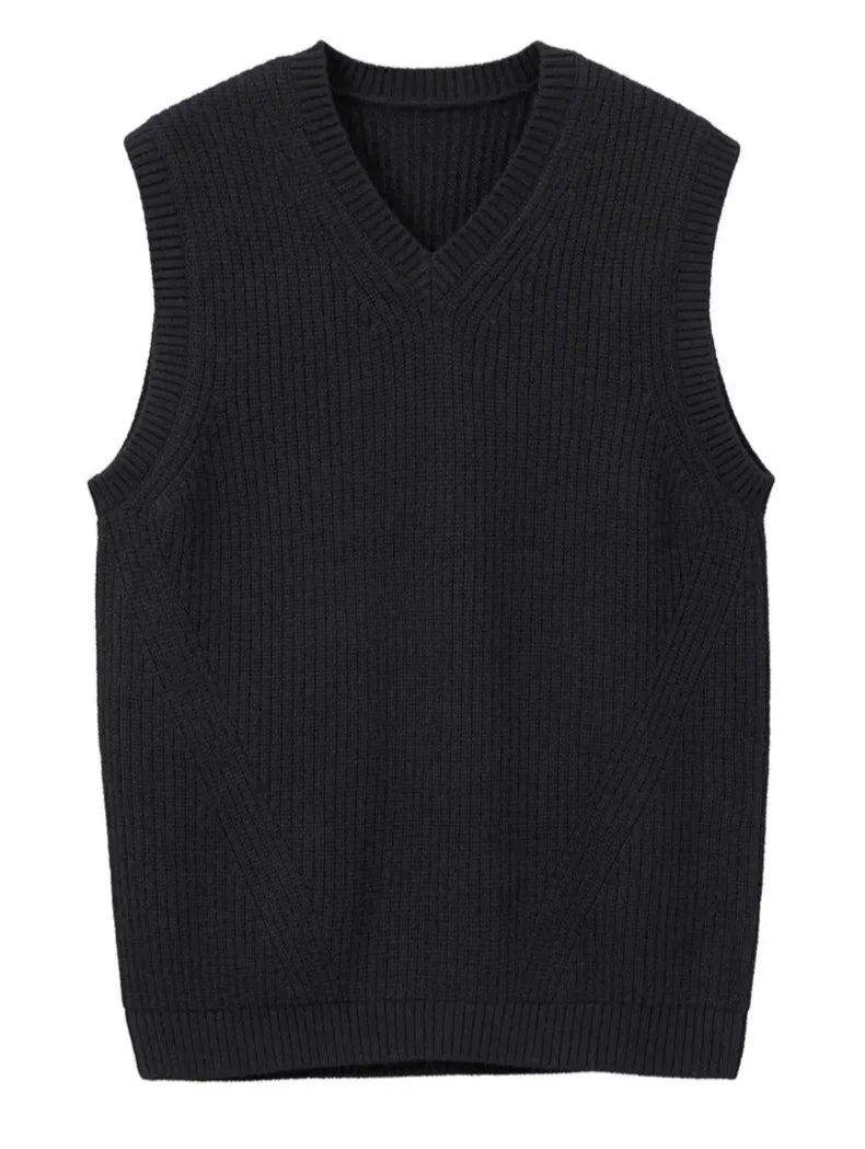 Riolio New Popular Preppy Style Men Sweater Vest Casual Knitted Streetwear Solid Color V Neck Waistcoat Leisure High Quality Knitwear