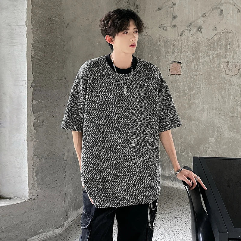 Riolio Men Oversized Round Neck Breathable Knit Tshirt Loose Fit Cotton Casual Summer Streetwear Comfort Tee Airy Fashion Basic Top
