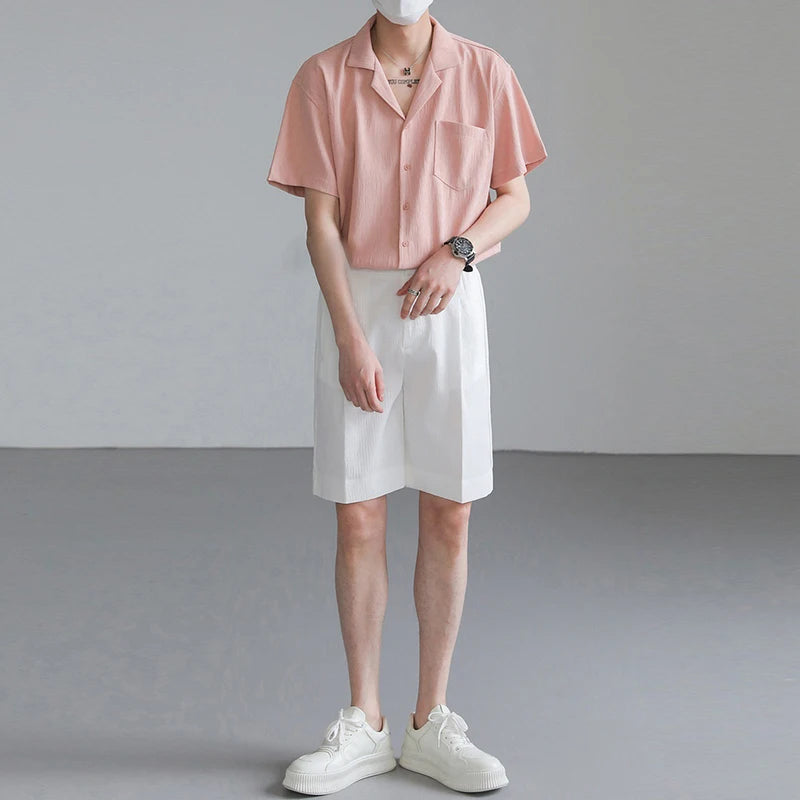 Riolio Summer Men's Clothing Light Luxury Suit Neck Shirt Korean Striped Short Sleeve Button-down Retro Fashion Streetwear Leisure