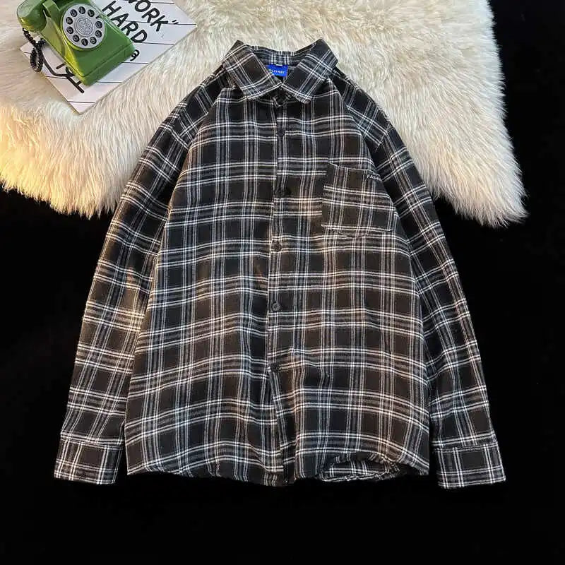 Riolio American Retro Plaid irt Men's Long Sve Loose Outerwear Casual Trendy Brand New 2024 Loose Fit Men's irt