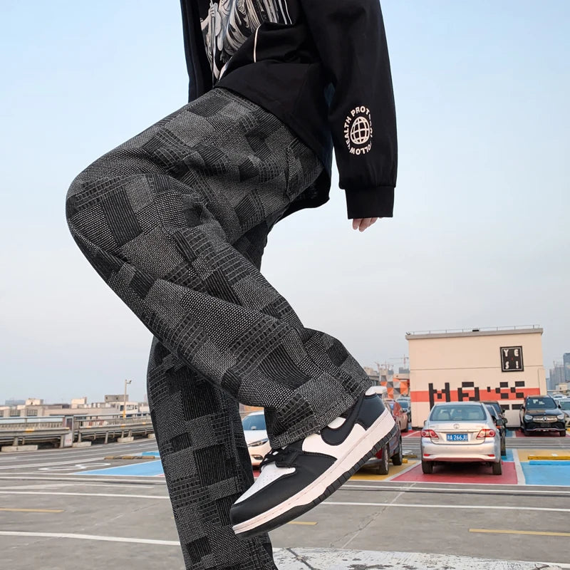 Riolio Blue Black Plaid Jeans Men Retro Casual Wide-leg Jeans Mens Streetwear Loose Hip-hop Straight Denim Trousers Men Vintage Jeans