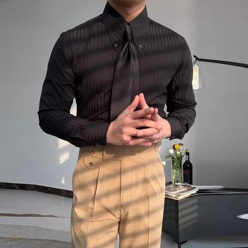 Riolio New Italy Business Men Shirts Light Luxury Textured Peaked Lapel Striped Long Sleeve Cardigan Leisure High Quality Blouse M-2XL