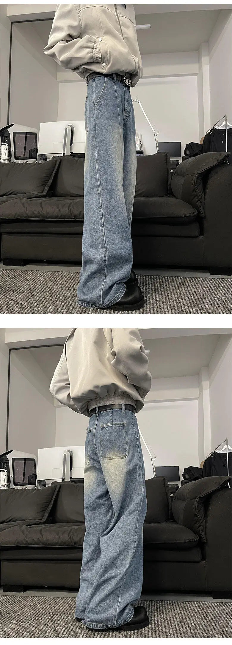 Riolio Jeans Men Loose Wide Leg Trousers Unisex low-rise jean Men's Denim Pants Old Blue Washed Male Jeans Straight Patchwork mop pants