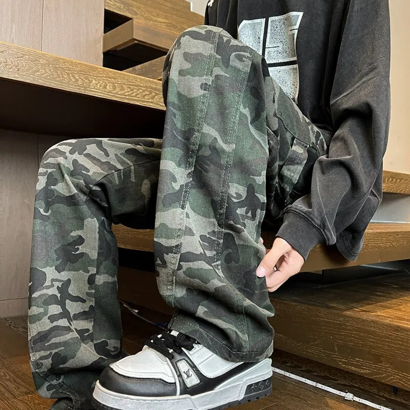 Riolio camouflage Jeans Men straight Pants patchwork male jean Fit Patchwork Streetwear Men's Trousers Denim Large size Hip Hop