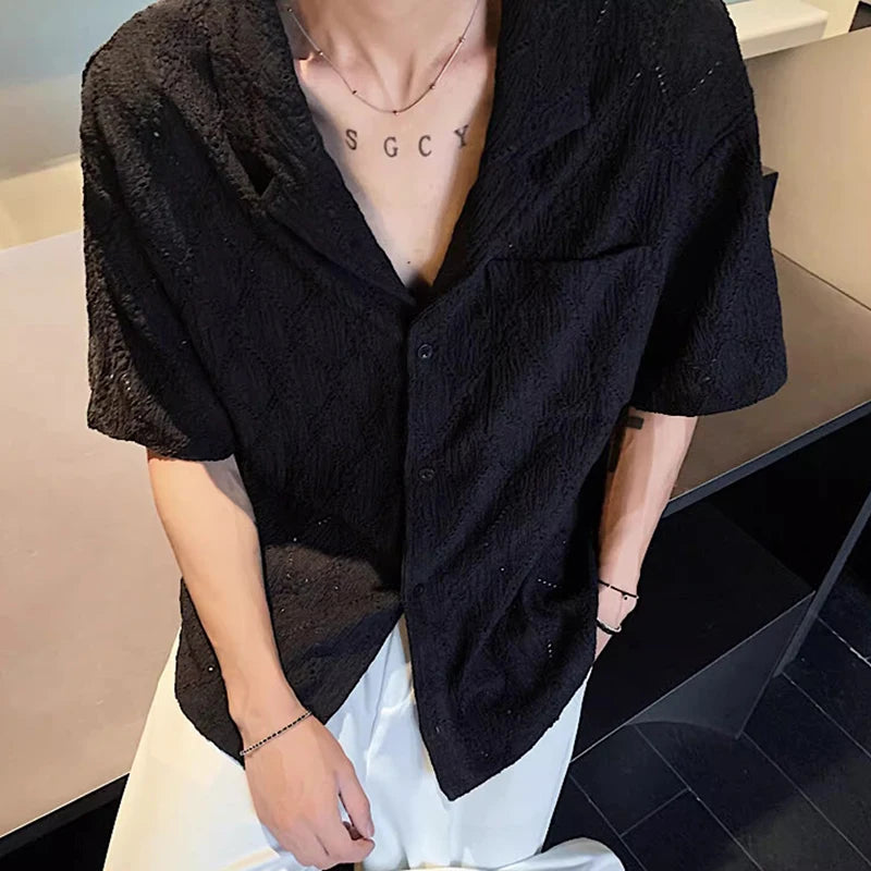 Riolio Summer Men's Clothing Light Luxury Jacquarded Suit Collar Shirts Streetwear Button-down Short Sleeve Retro Leisure Fashion M-3XL