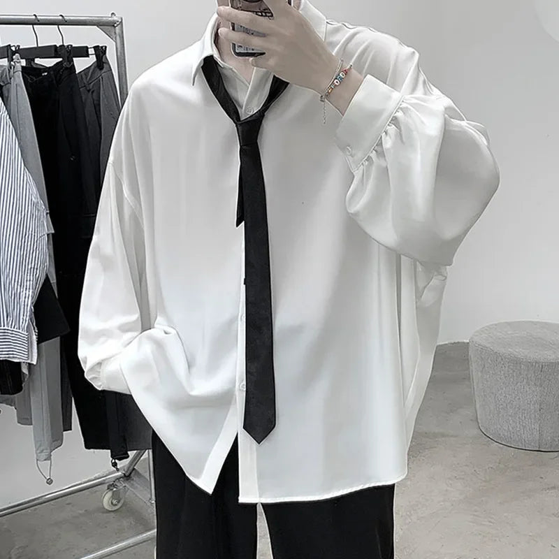 Riolio Korean Style Men's Long-sleeved Shirts Black Tie Cozy Casual Solid Oversize Blouses Breathable Loose Shirt Harajuku Male Clothes