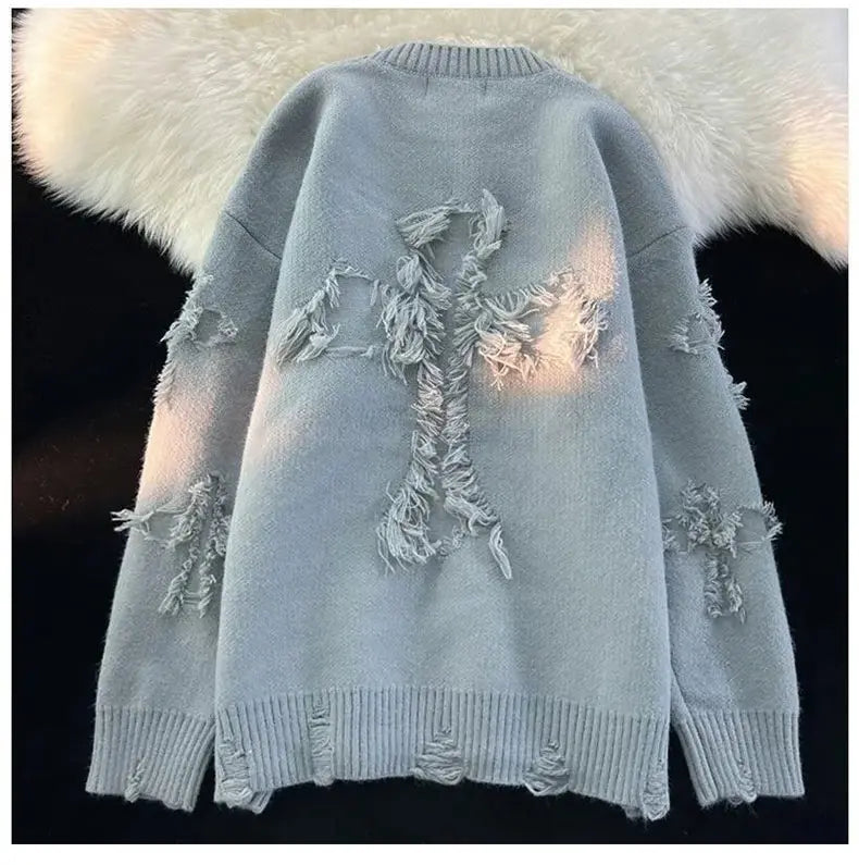 Riolio Y2k Streetwear Sweater Men New Retro Hole Fringed Sweater Loose Versatile Knitwear Pullovers Long Sleeve Jumpers Clothing