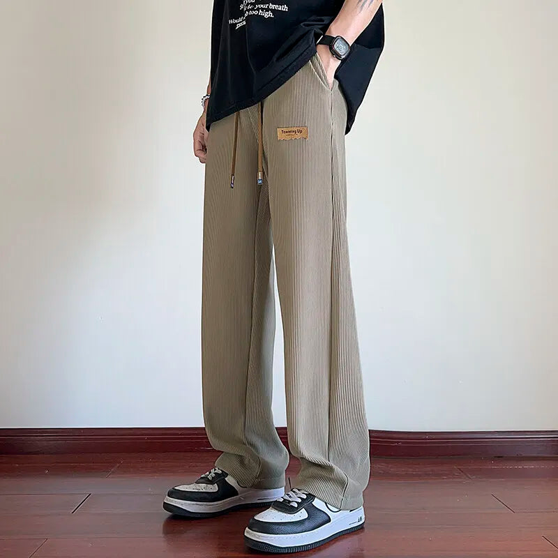 Riolio Summer Casual Pants Men Fashion Straight Ice Silk Pants Men Streetwear Hip-hop Loose Pleated Pants Mens Beige Trousers M-3XL