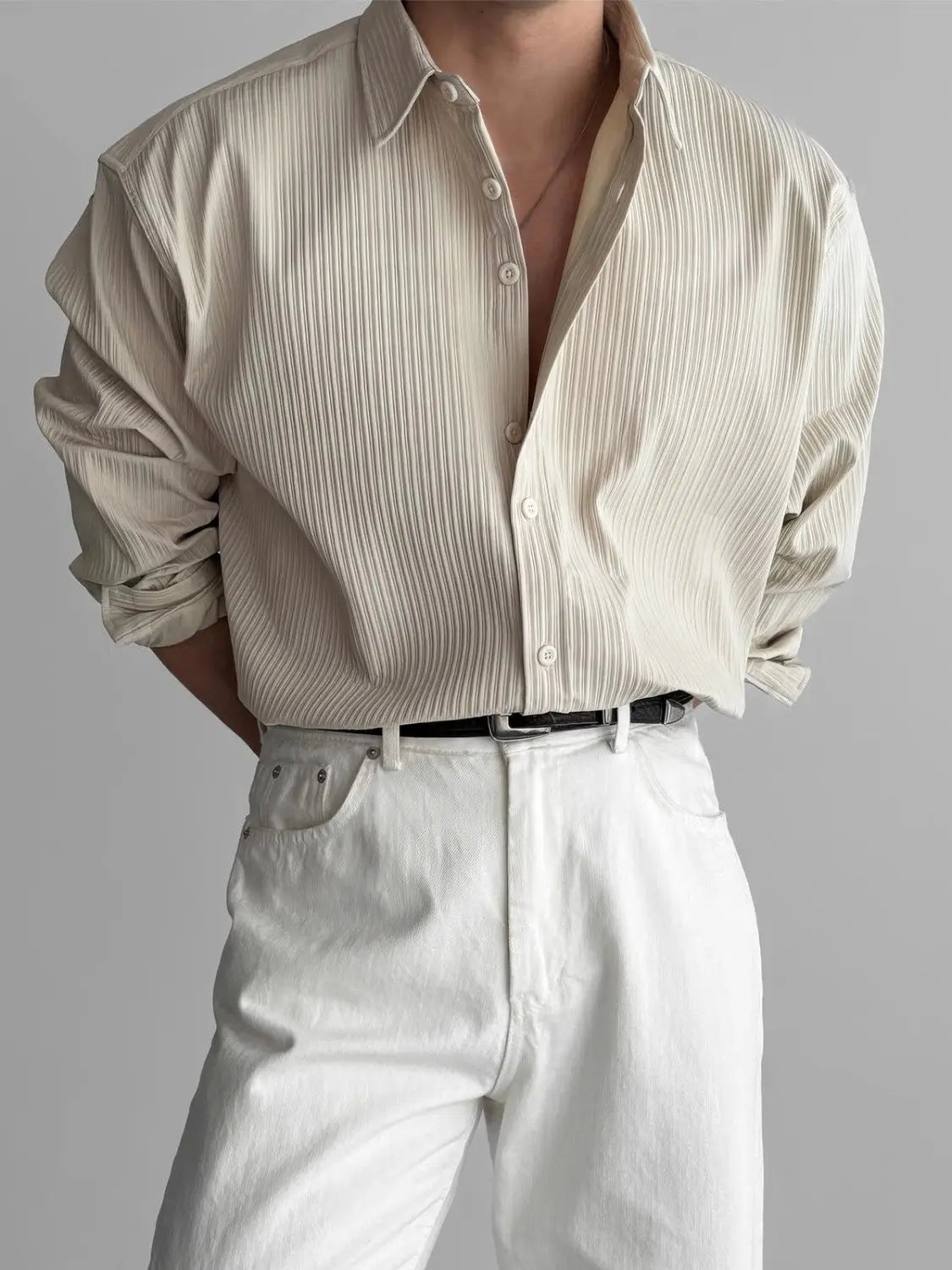 Riolio Lapel Pit Stripe Texture Long Sleeve Shirt Men's Casual Business Shirt High-end Drapery Light Versatile Top Male Blouse