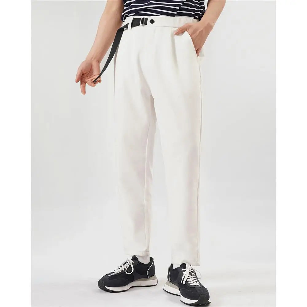 Riolio White Stretch Casual Ankle Pants Silhouette Men's Elegant Suit Pants Summer Korean Straight Loose Men's Smart Casual Trousers