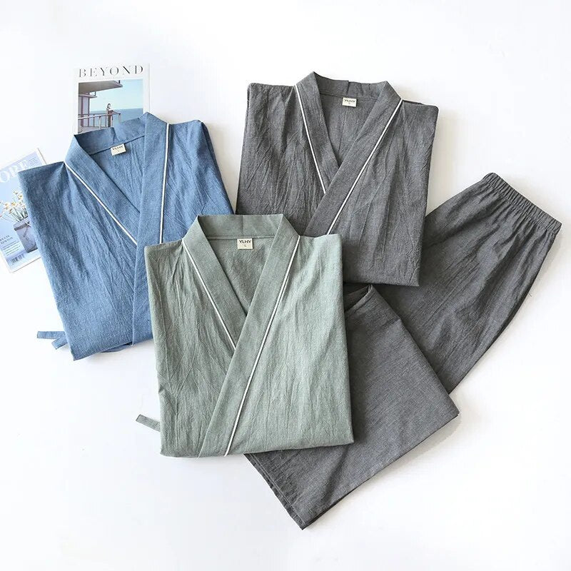 Riolio Spring/Autumn Japanese Kimono Mens Pajamas Men Sleepwear Male Thin Ninth Sleeve Lace-Up Top + Pants Loose Two-piece Homewear