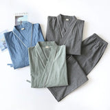 Riolio Spring/Autumn Japanese Kimono Mens Pajamas Men Sleepwear Male Thin Ninth Sleeve Lace-Up Top + Pants Loose Two-piece Homewear
