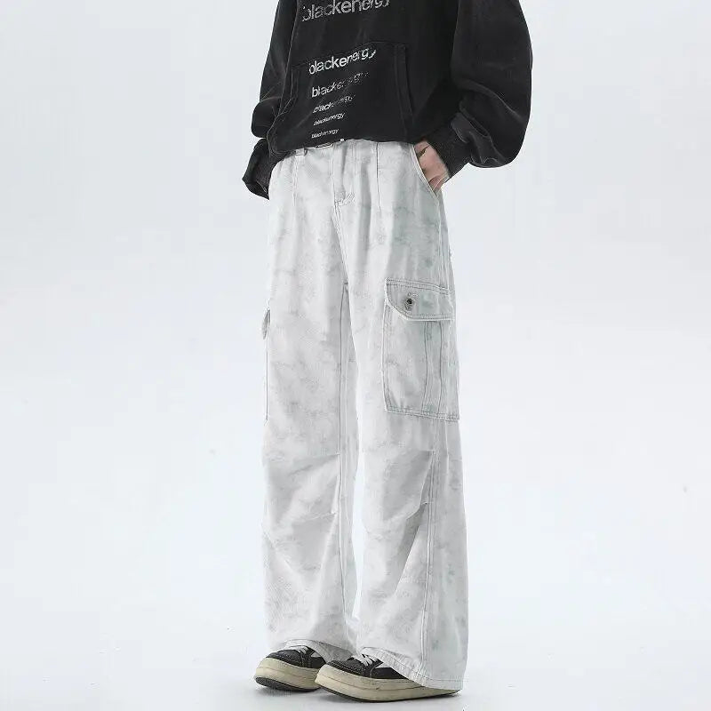 Riolio Vintage Tie dye Men's Baggy Denim Trousers White New Streetwear Wide Leg Loose Denim Pants Fashion Straight Gargo Pants