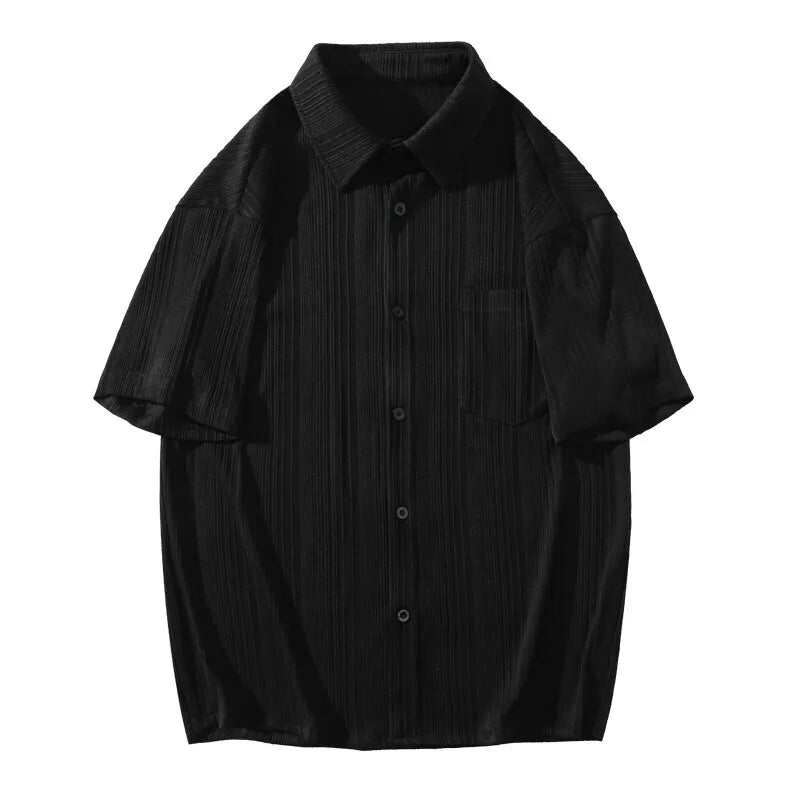 Riolio Summer Short Sleeved Shirt Men Black White Casual Shirt Men Streetwear Korean Loose Pleated Shirt Mens Ice Silk Shirts 4XL