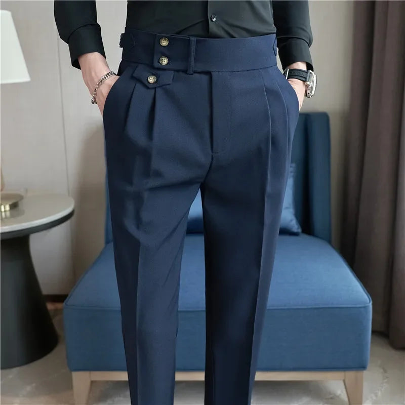 Riolio High Waist Men Suit Pants British Style Casual Dress Pants Men Slim Fit Trousers Formal Office Wedding Party Pantalon Homme