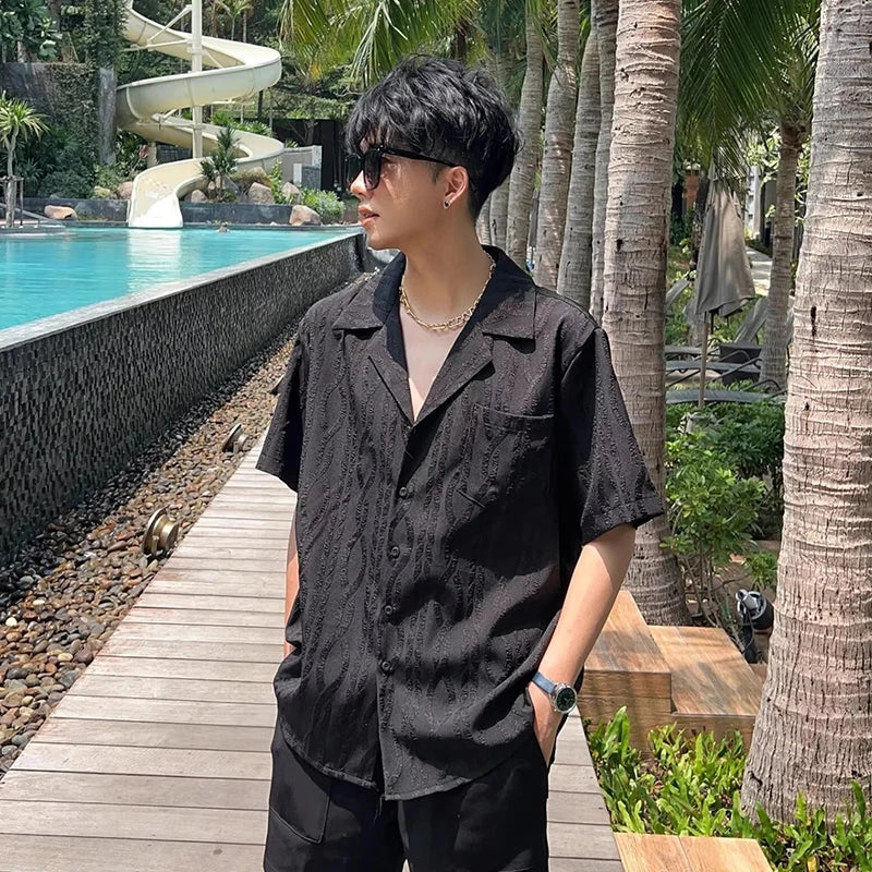 Riolio Summer Men's Clothing Light Luxury Jacquarded Suit Collar Shirts Streetwear Button-down Short Sleeve Retro Leisure Fashion M-3XL