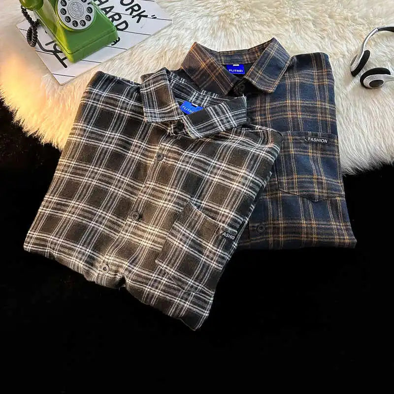 Riolio American Retro Plaid irt Men's Long Sve Loose Outerwear Casual Trendy Brand New 2024 Loose Fit Men's irt